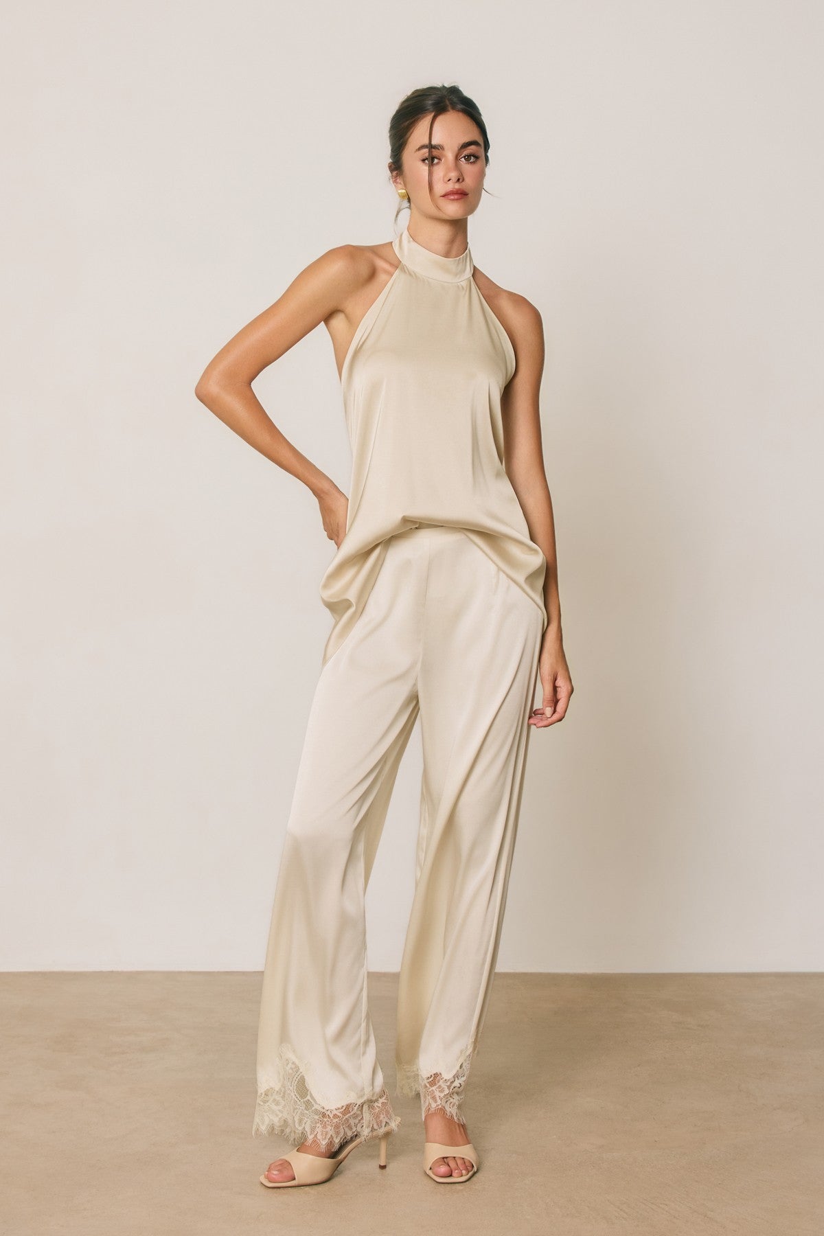 satin lace hem straight leg pants