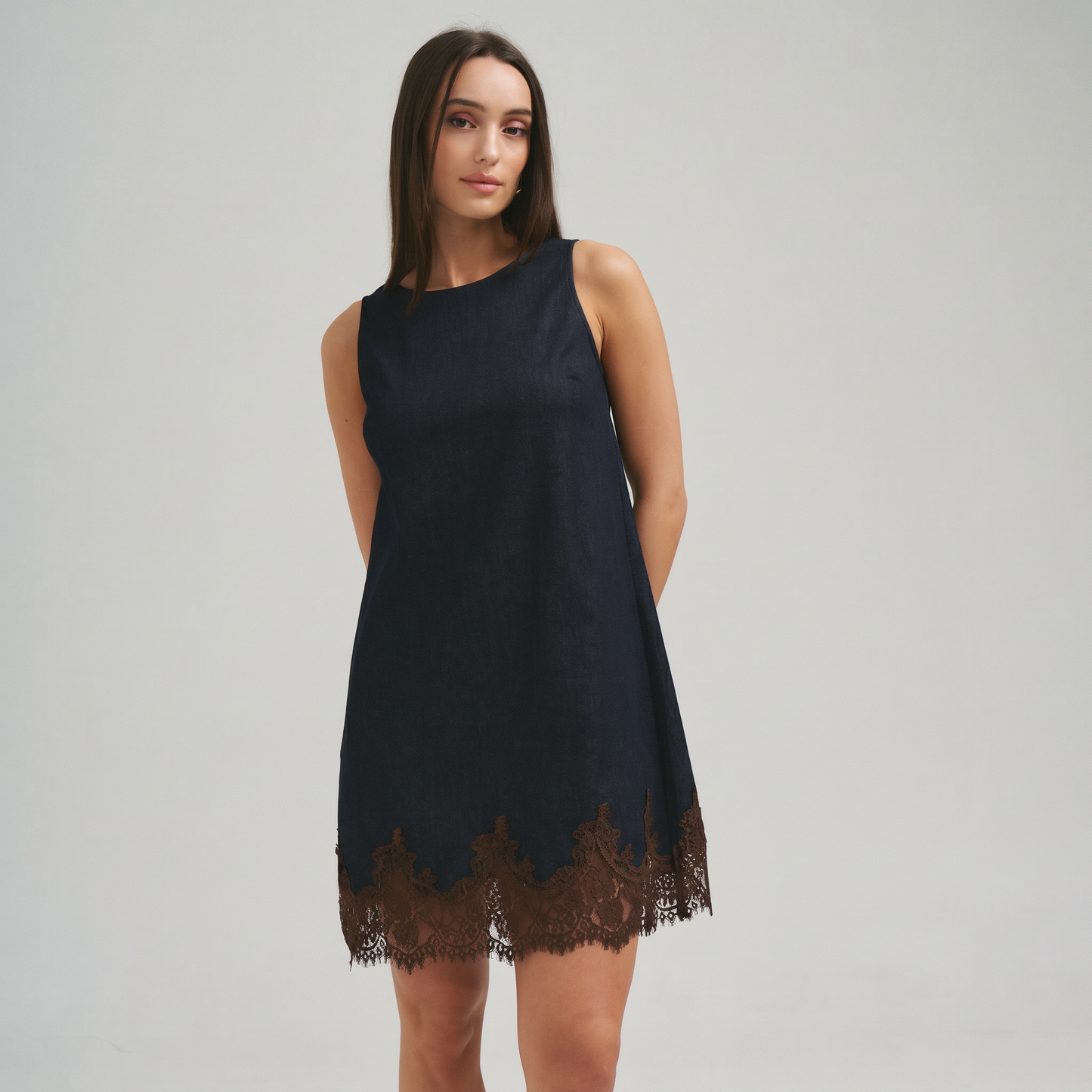 Lace trimmed denim mini dress