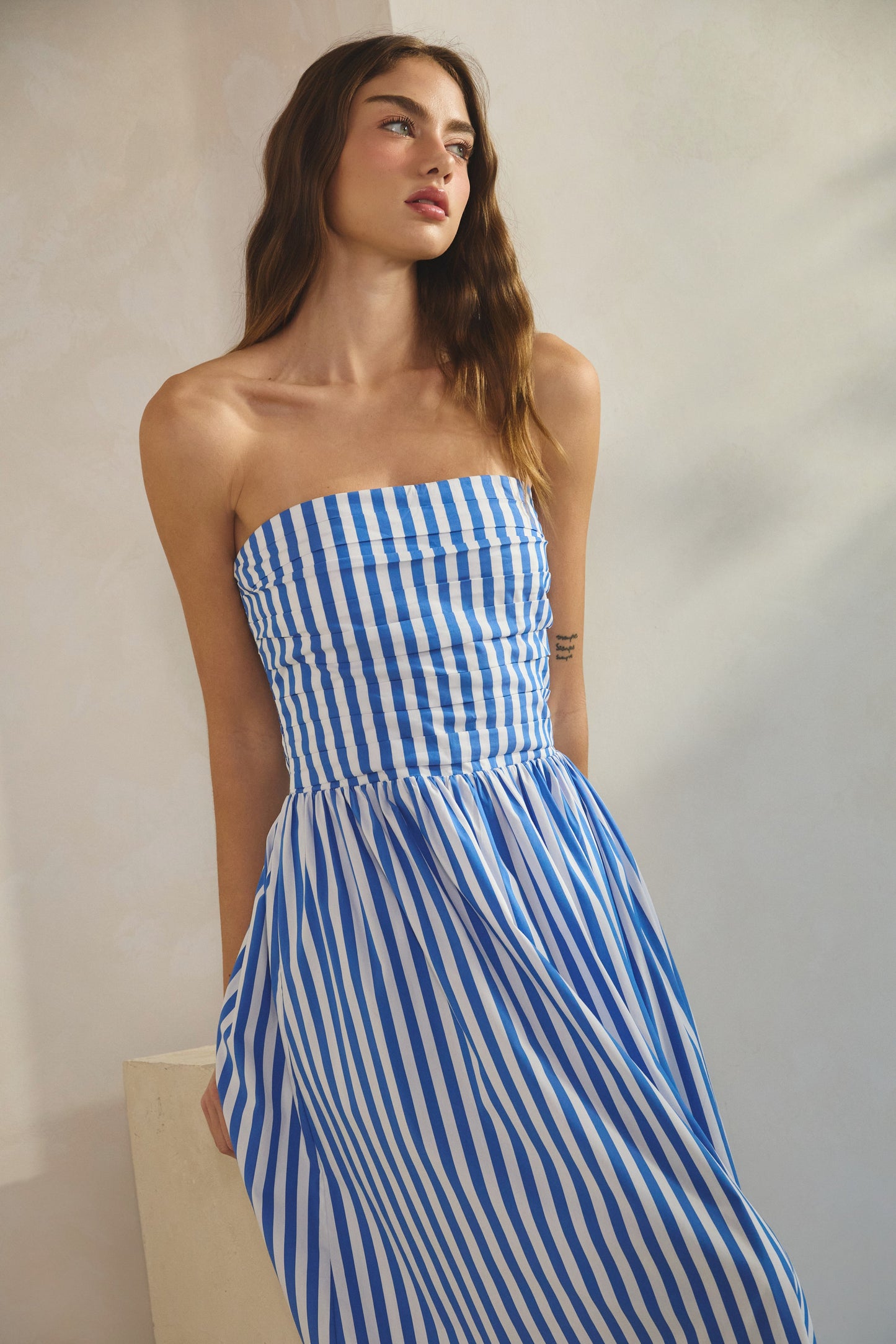 cabana stripe strapless midi dress