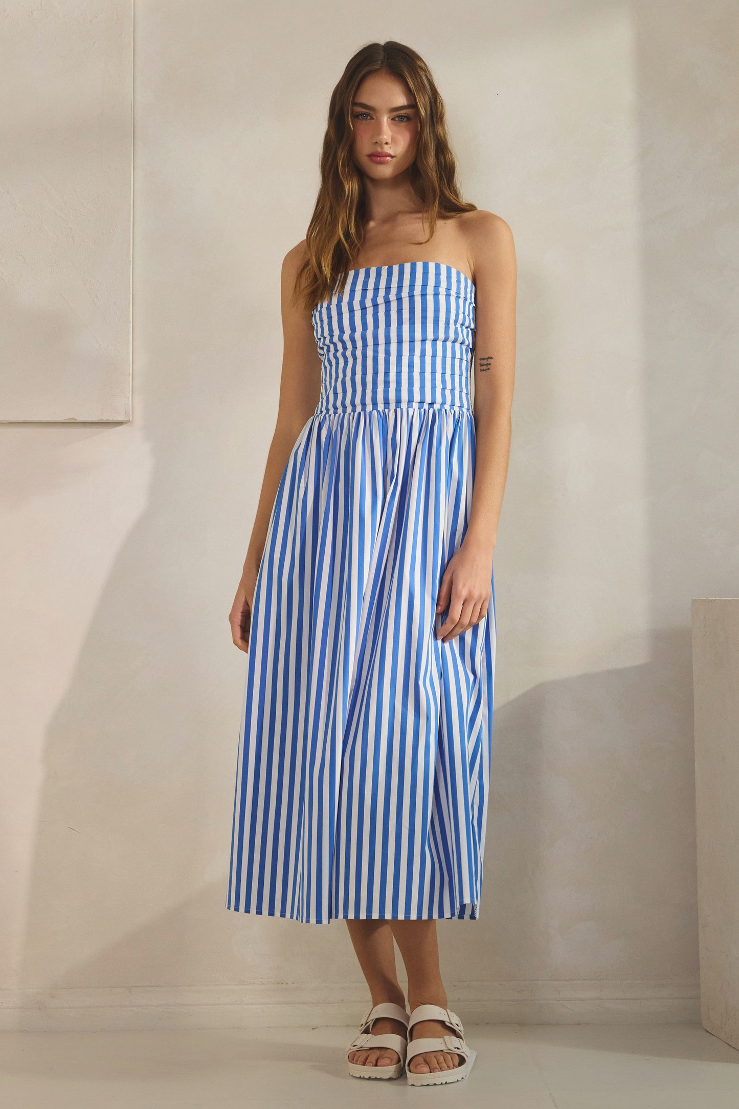 cabana stripe strapless midi dress