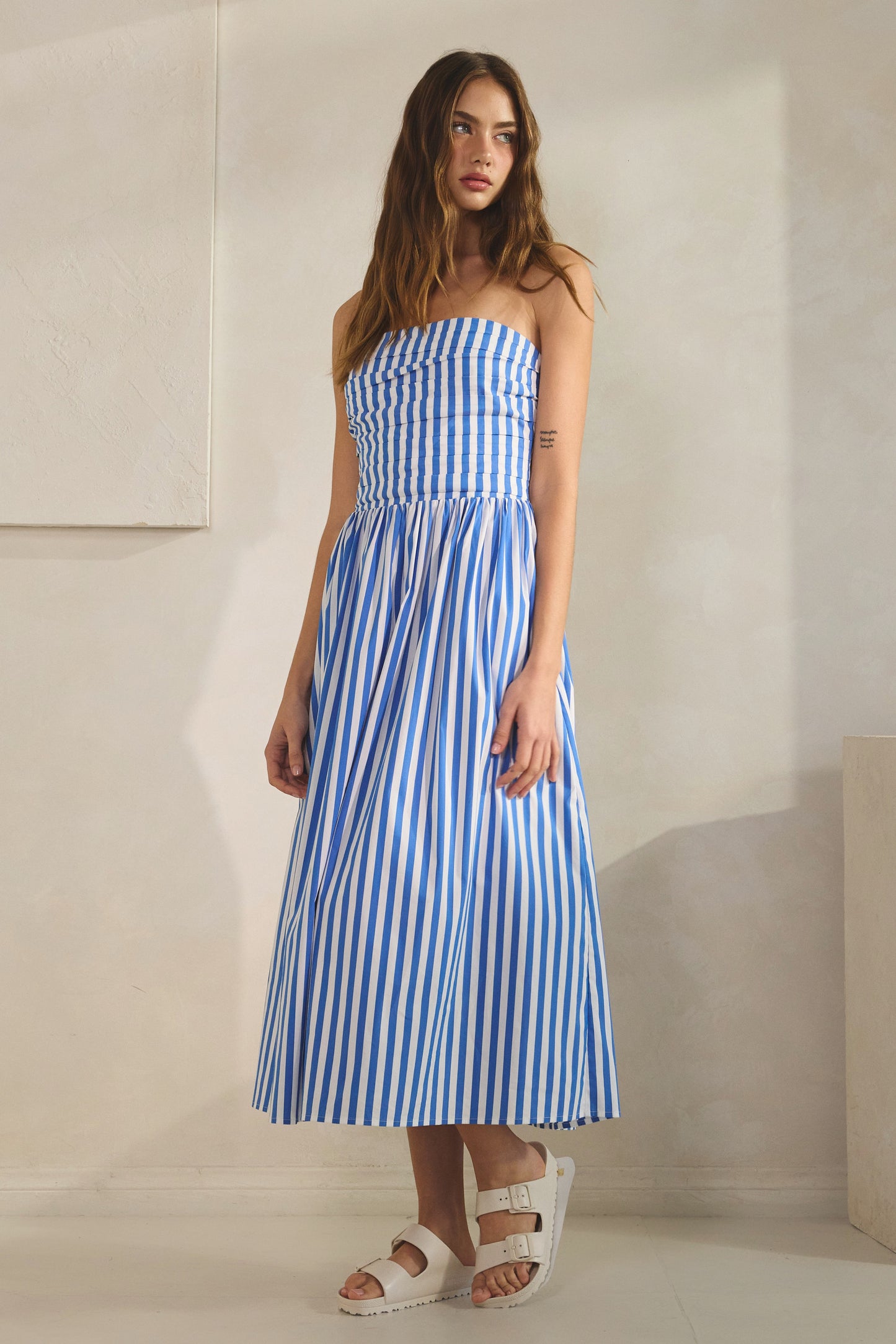 cabana stripe strapless midi dress