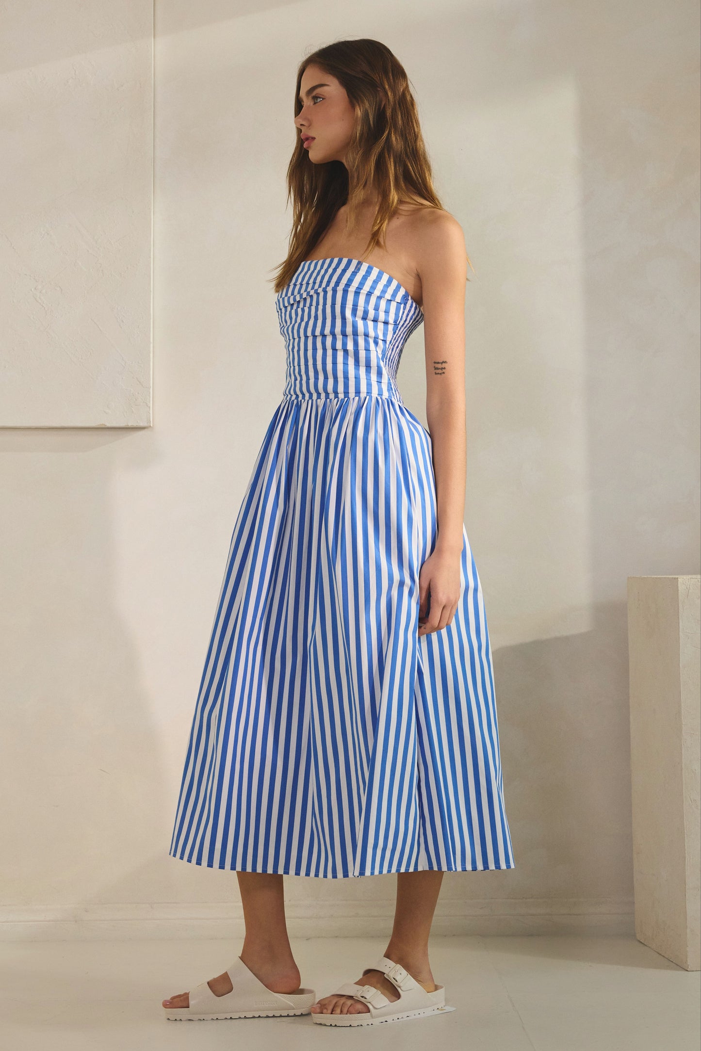 cabana stripe strapless midi dress