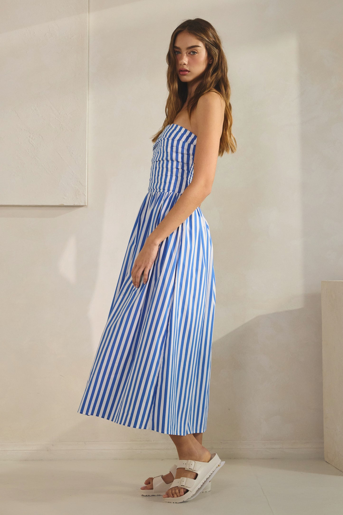 cabana stripe strapless midi dress
