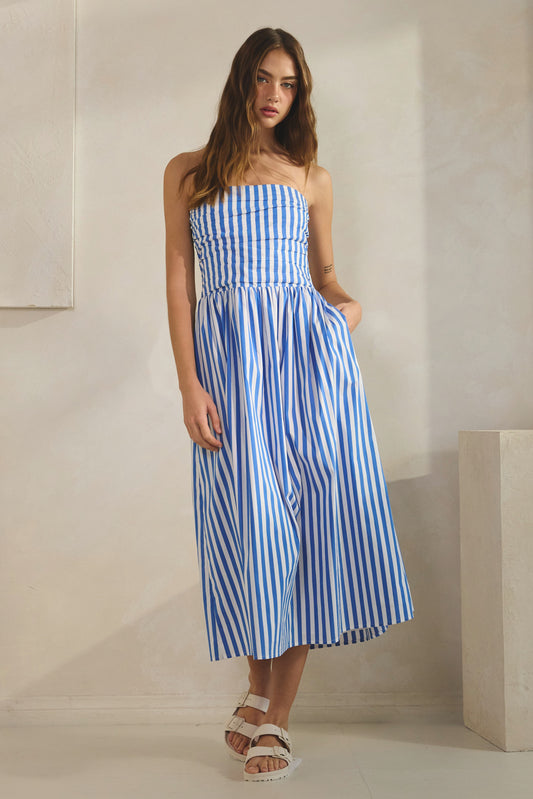 cabana stripe strapless midi dress