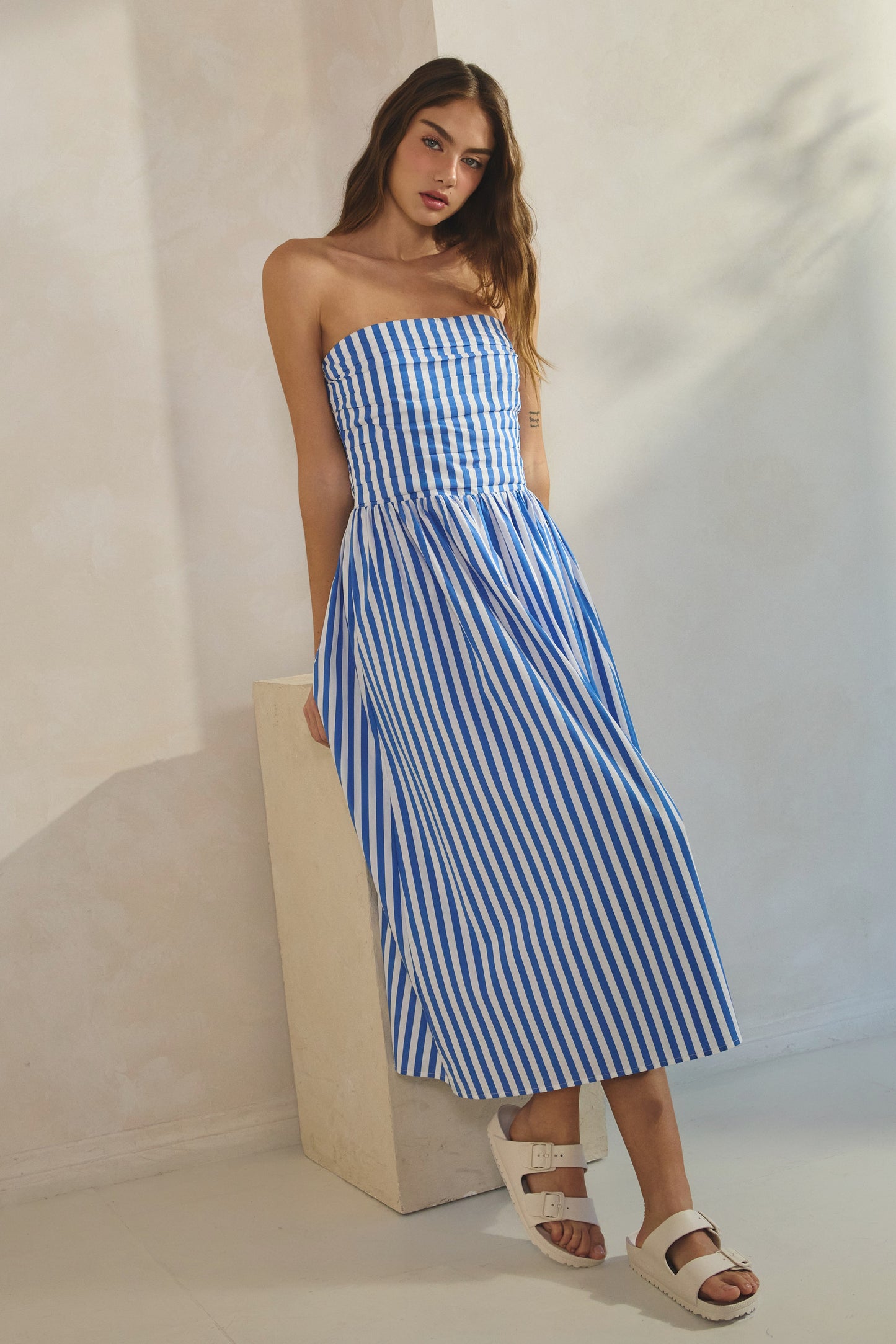 cabana stripe strapless midi dress