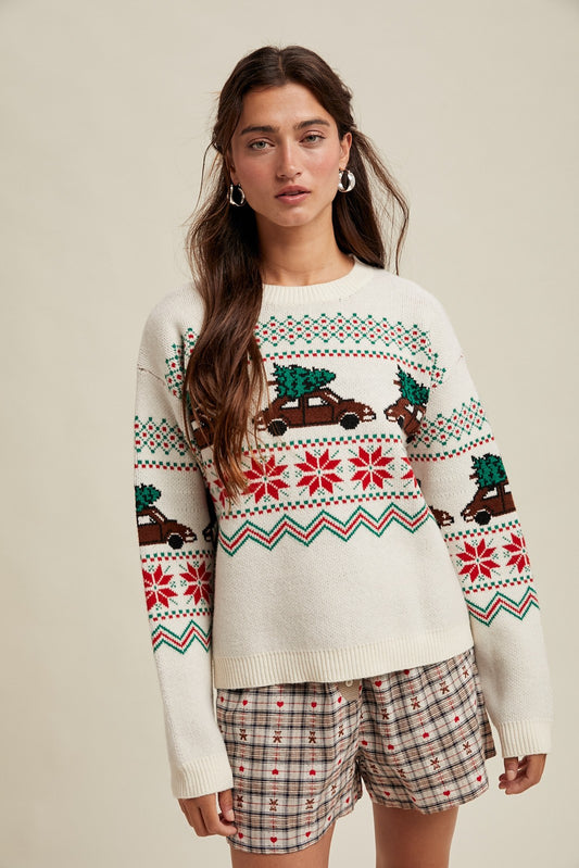 christmas tree car fair isle sweater