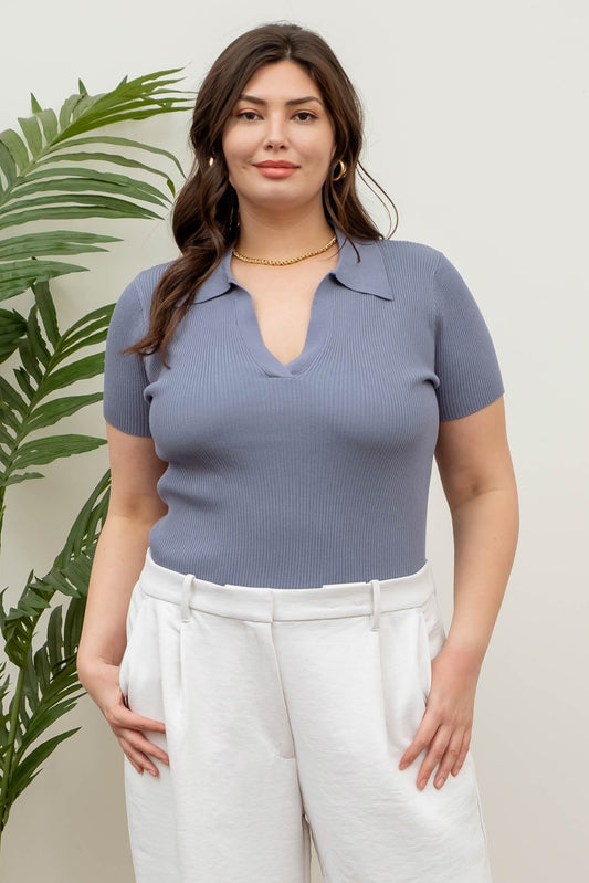 clearwater collared ss v neck top-curvy