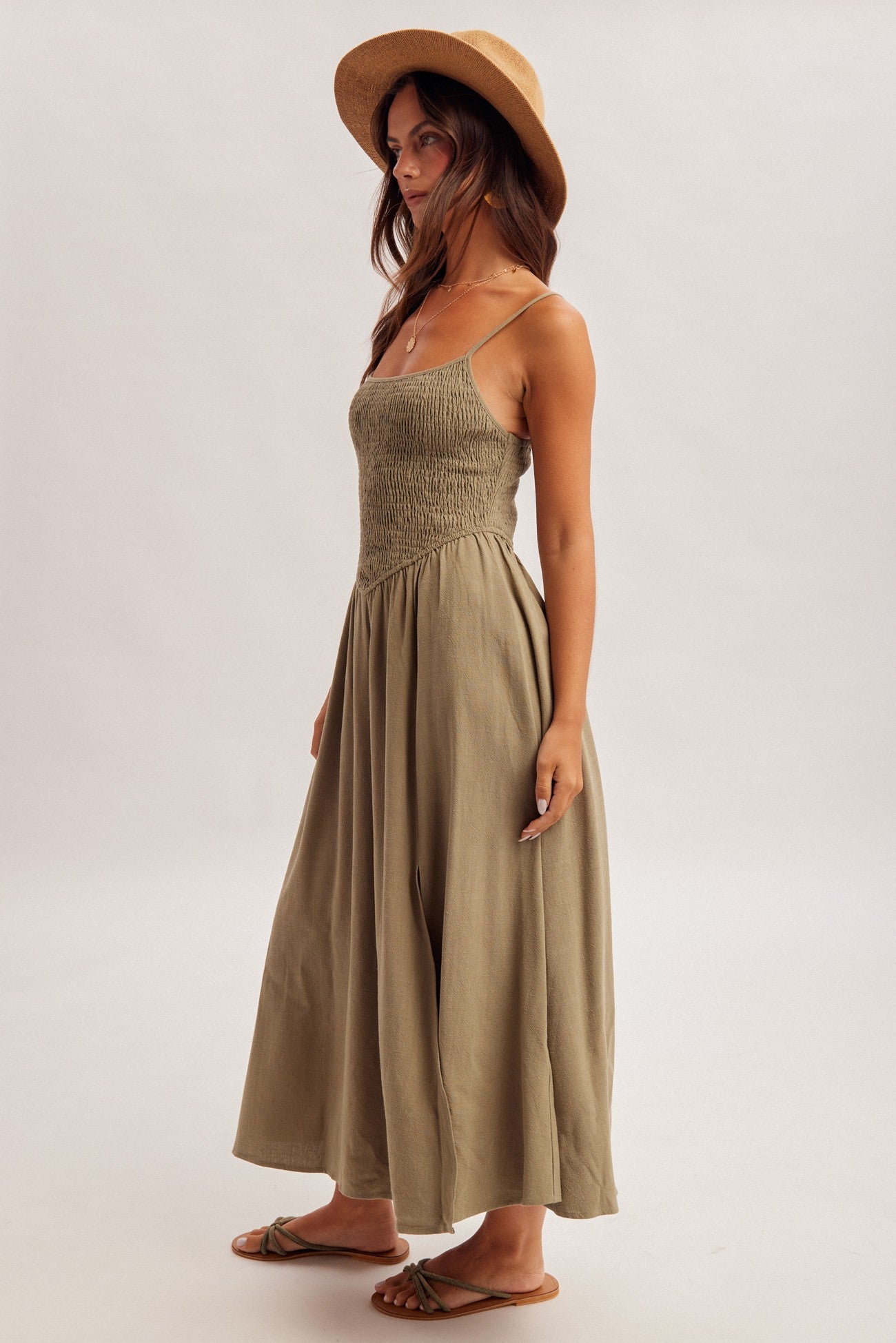 corset smocked midi dress