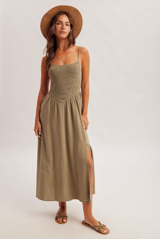corset smocked midi dress