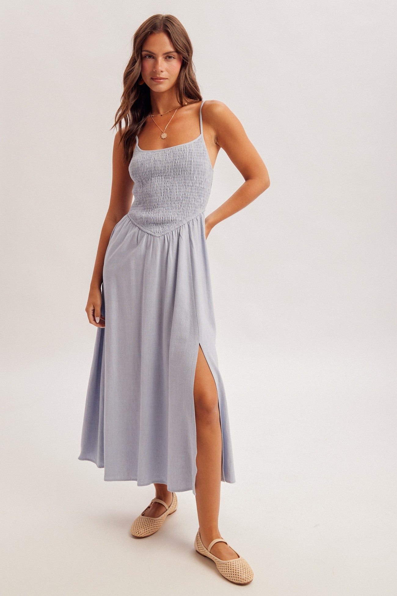 corset smocked midi dress