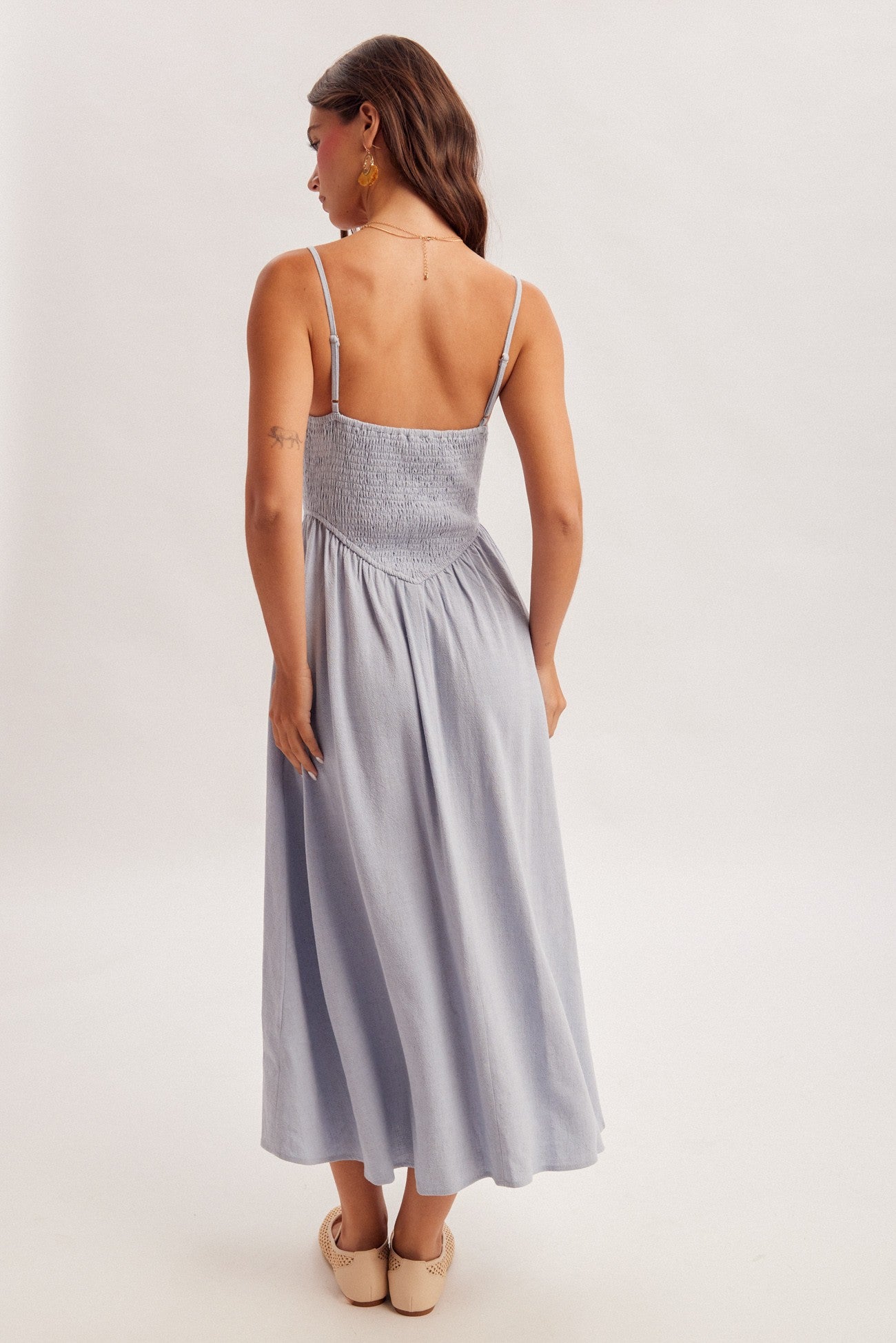 corset smocked midi dress