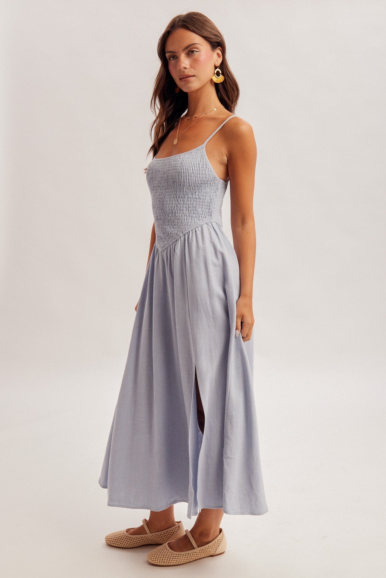 corset smocked midi dress