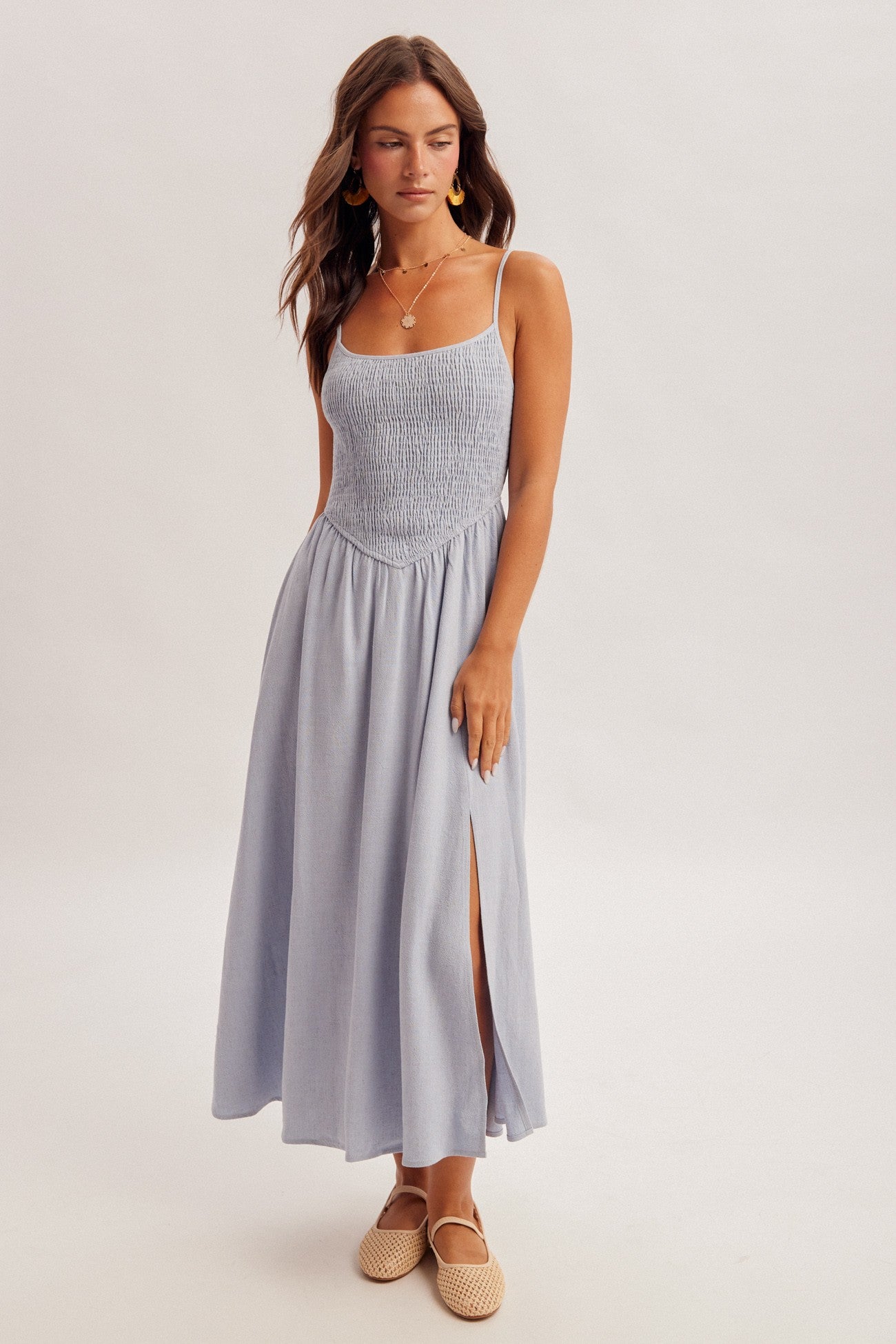 corset smocked midi dress