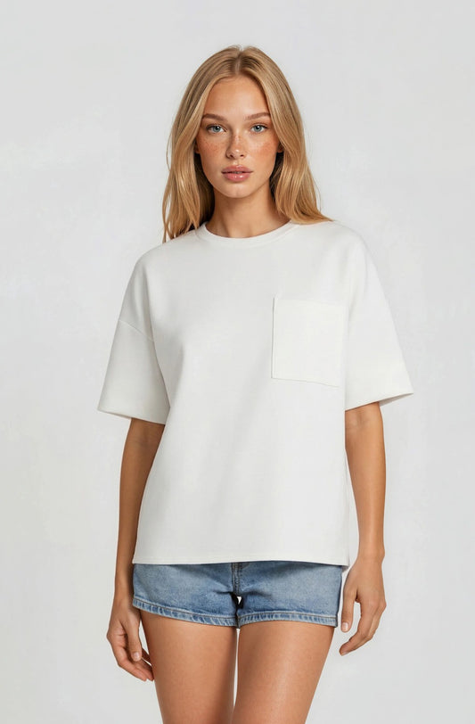 crew neck short sleeve pocketed scuba top