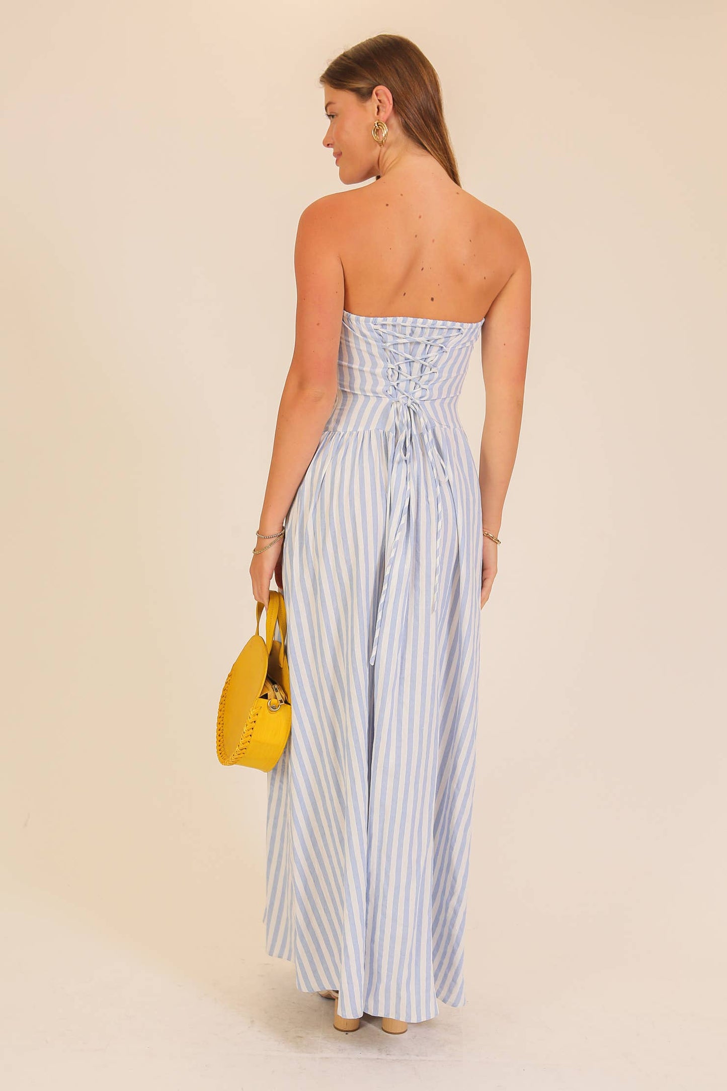 Seaside Striped Strapless Side Slit Maxi Dress