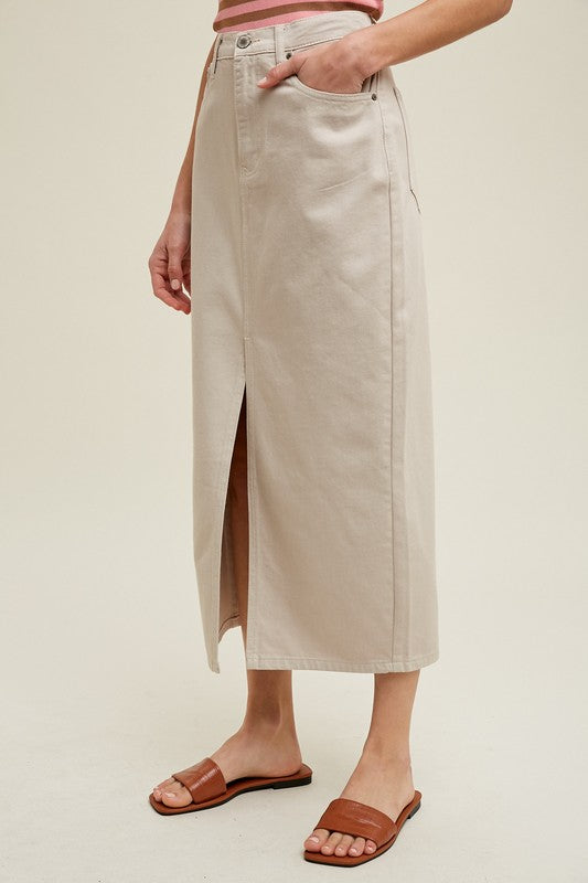 Denim Midi Skirt With Front Slit