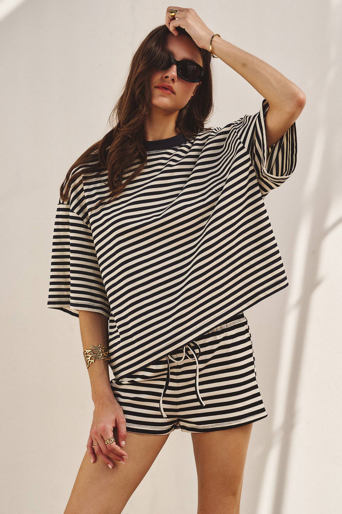 Oversized Striped Contrast Neck Boxy Tee