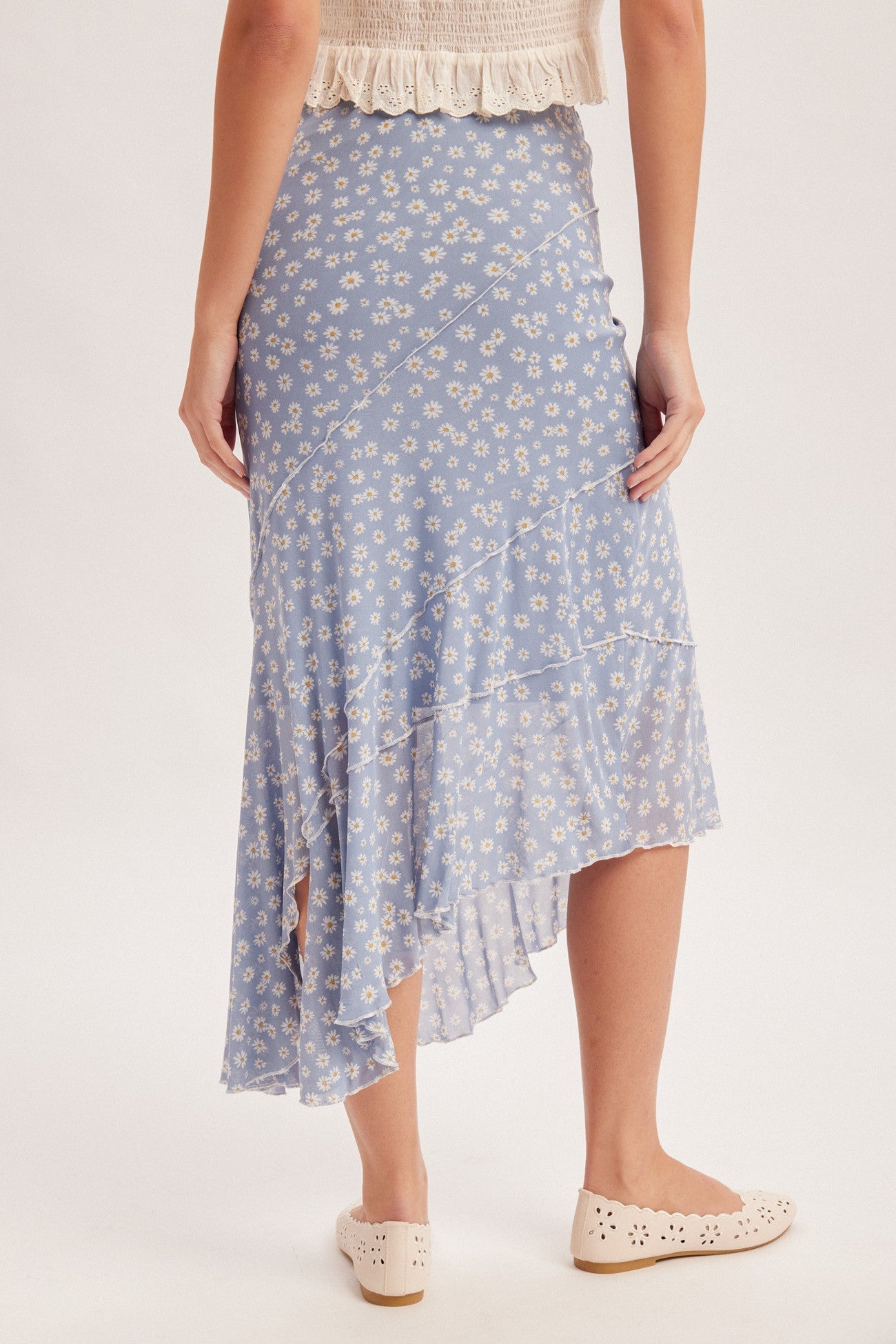 daisy floral asymmetrical hem midi skirt