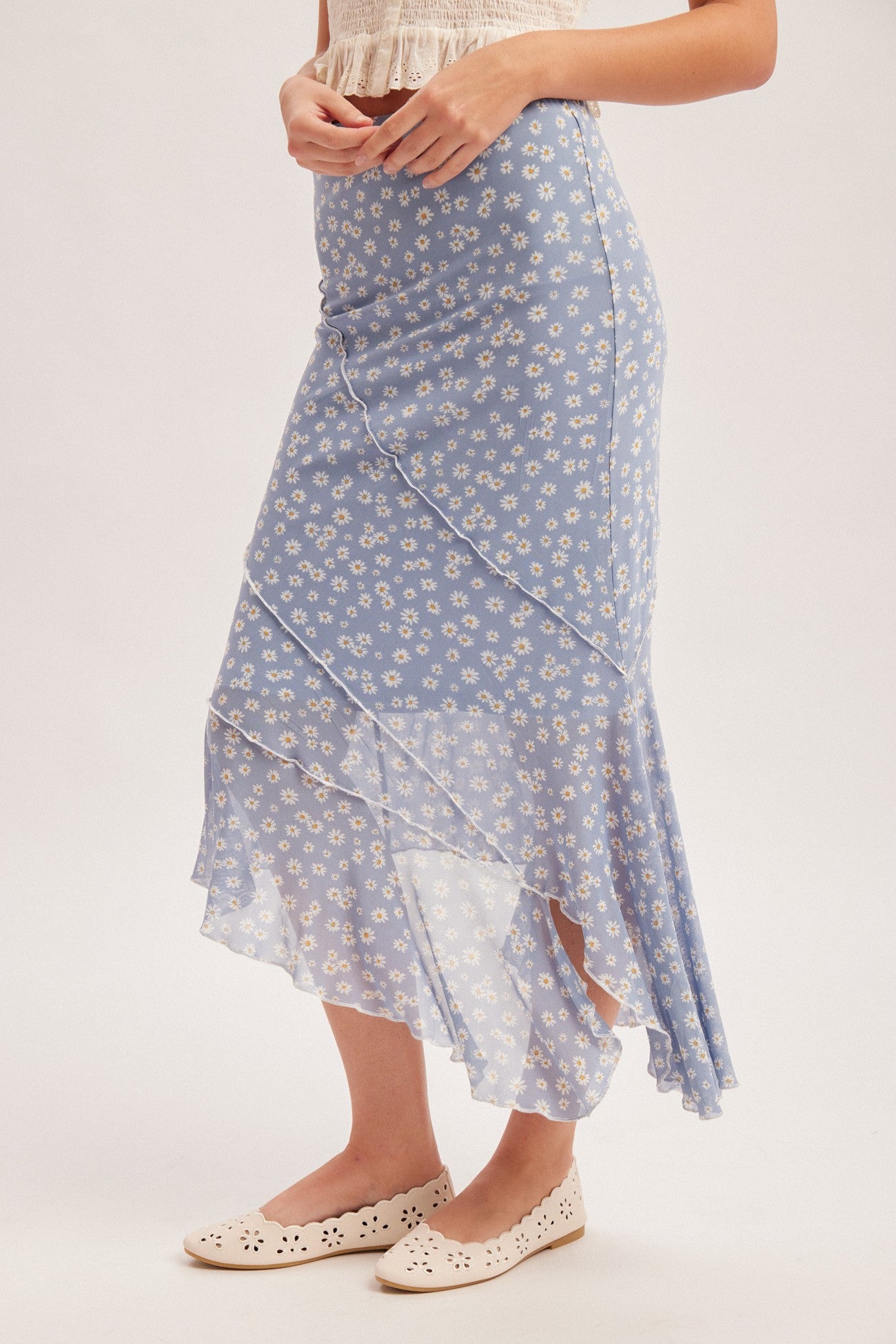 daisy floral asymmetrical hem midi skirt