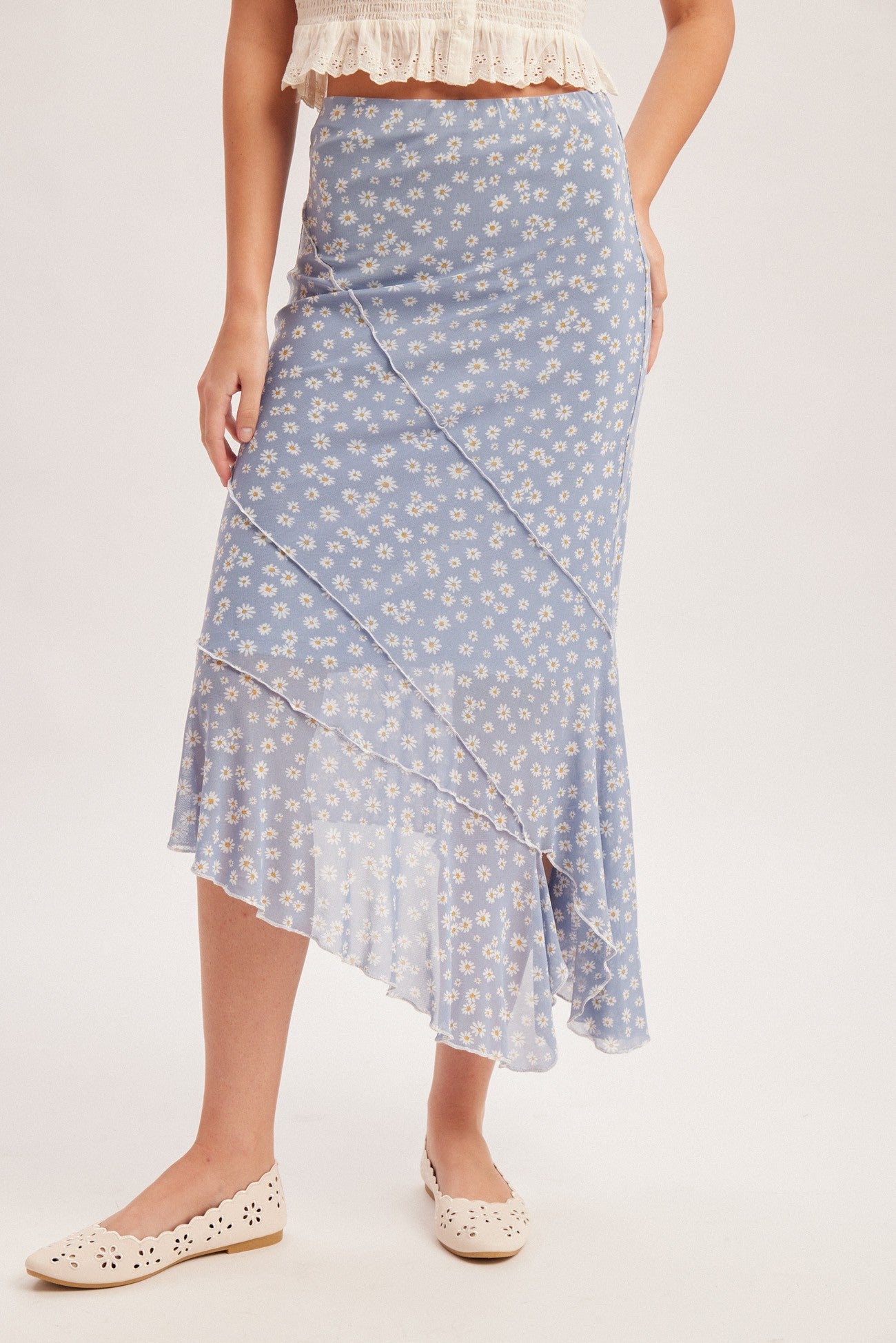 daisy floral asymmetrical hem midi skirt