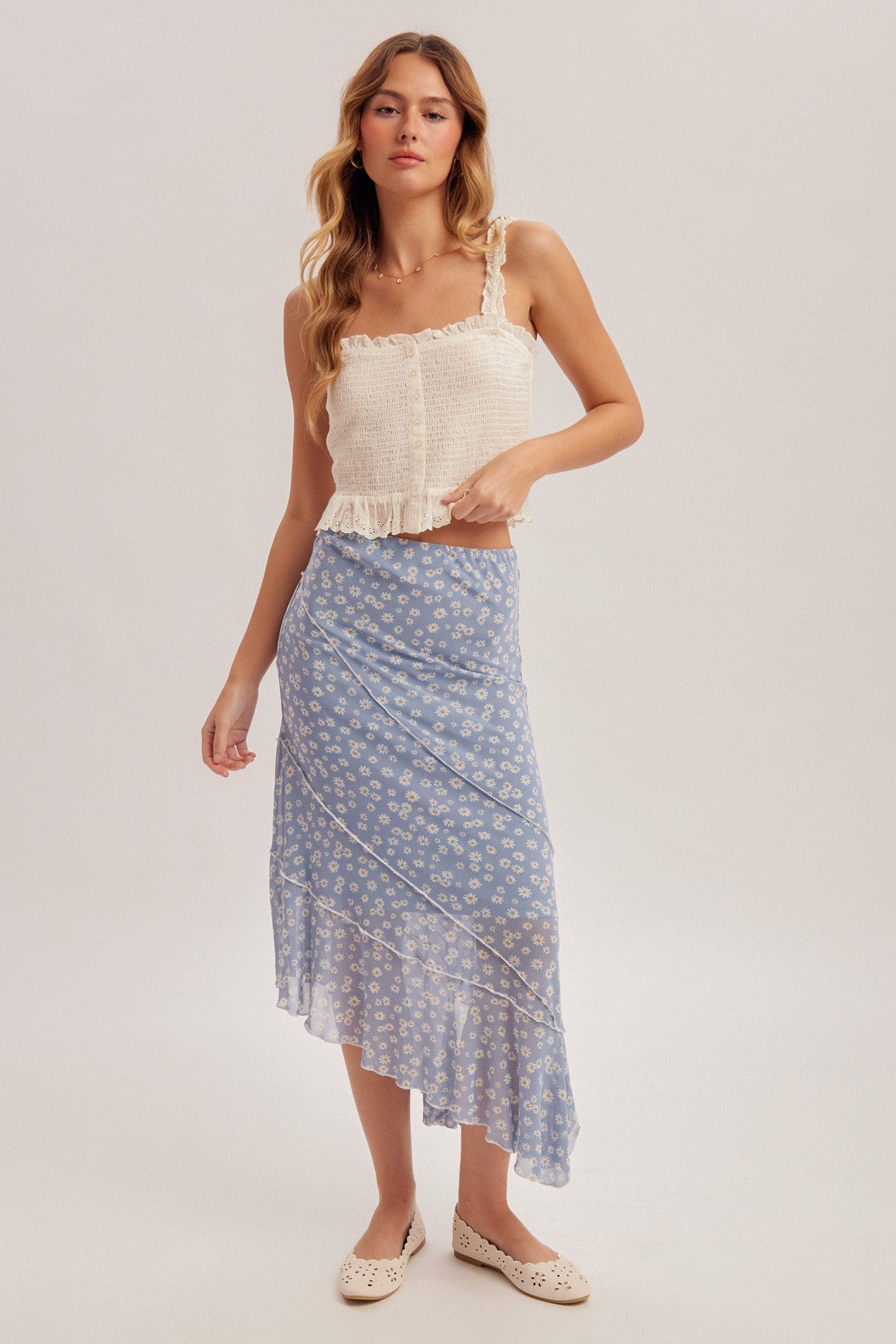 daisy floral asymmetrical hem midi skirt