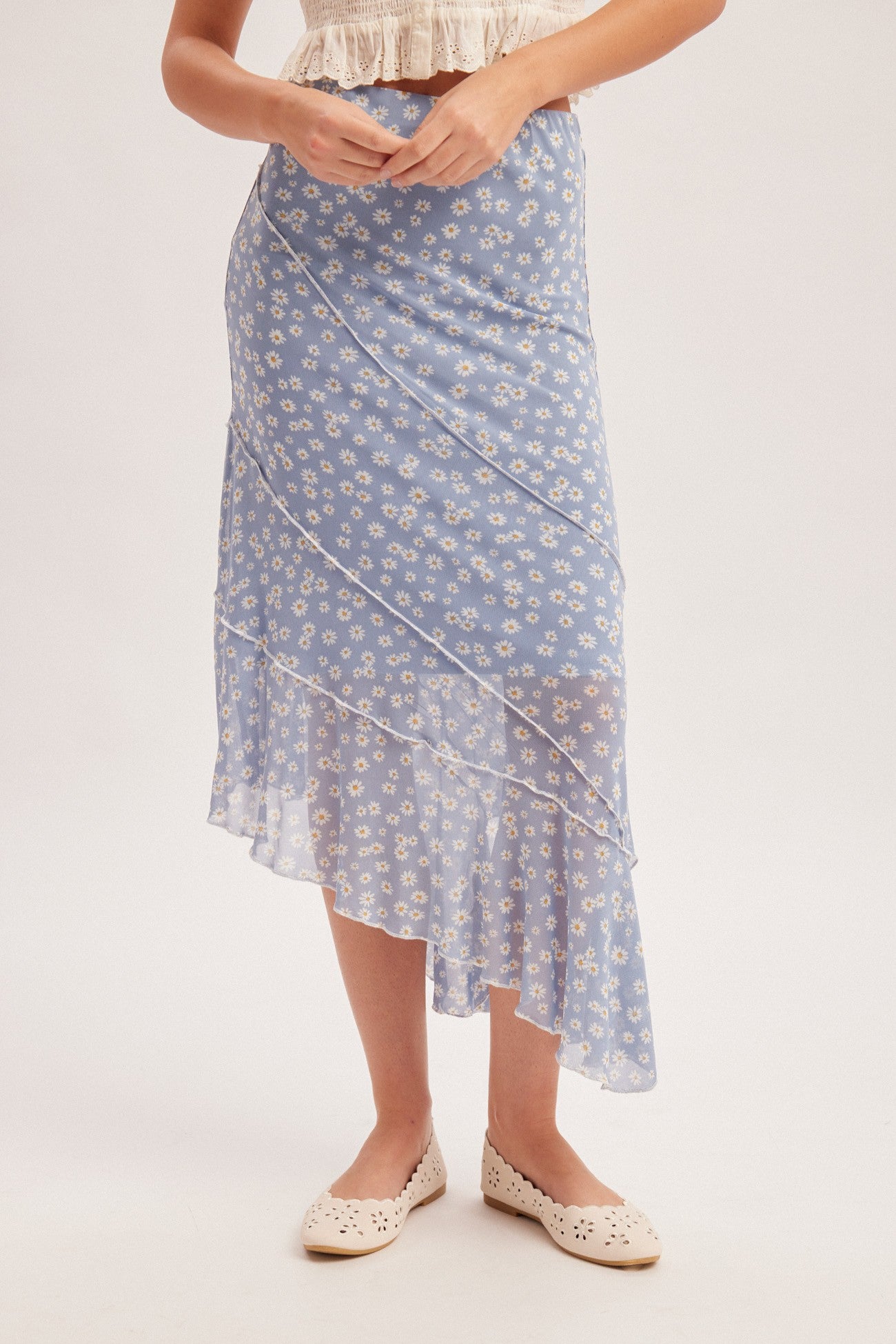 daisy floral asymmetrical hem midi skirt