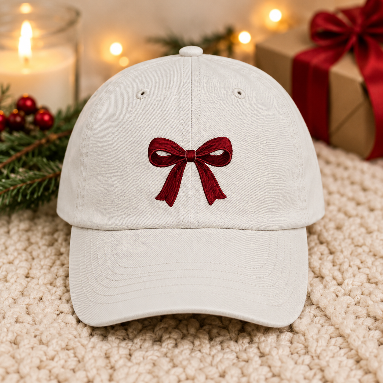 Christmas Bow Embroidered Hat