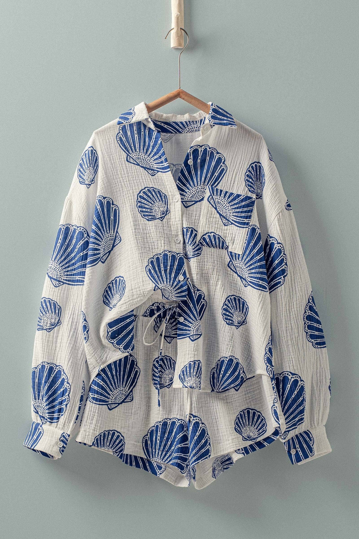 Seaside Blue Shell Cotton Gauze Shirt & Short Set