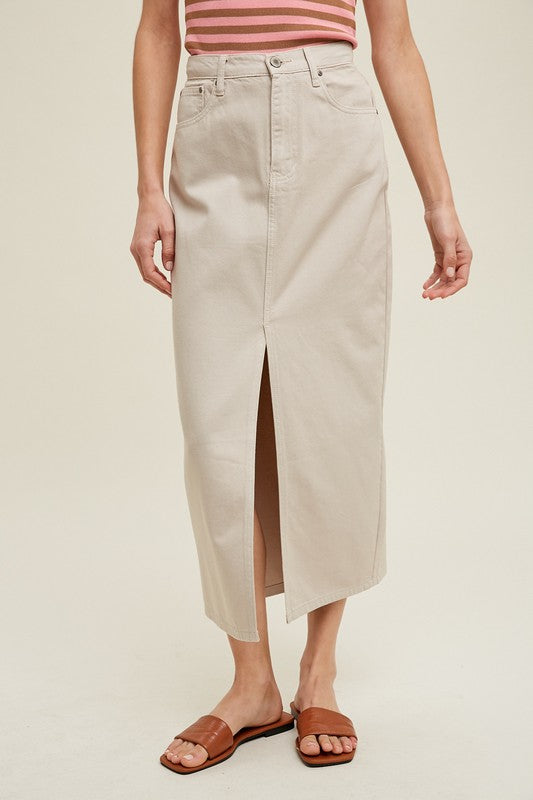 Denim Midi Skirt With Front Slit