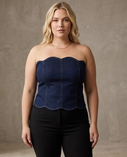 denim scallop hem tube top-curvy