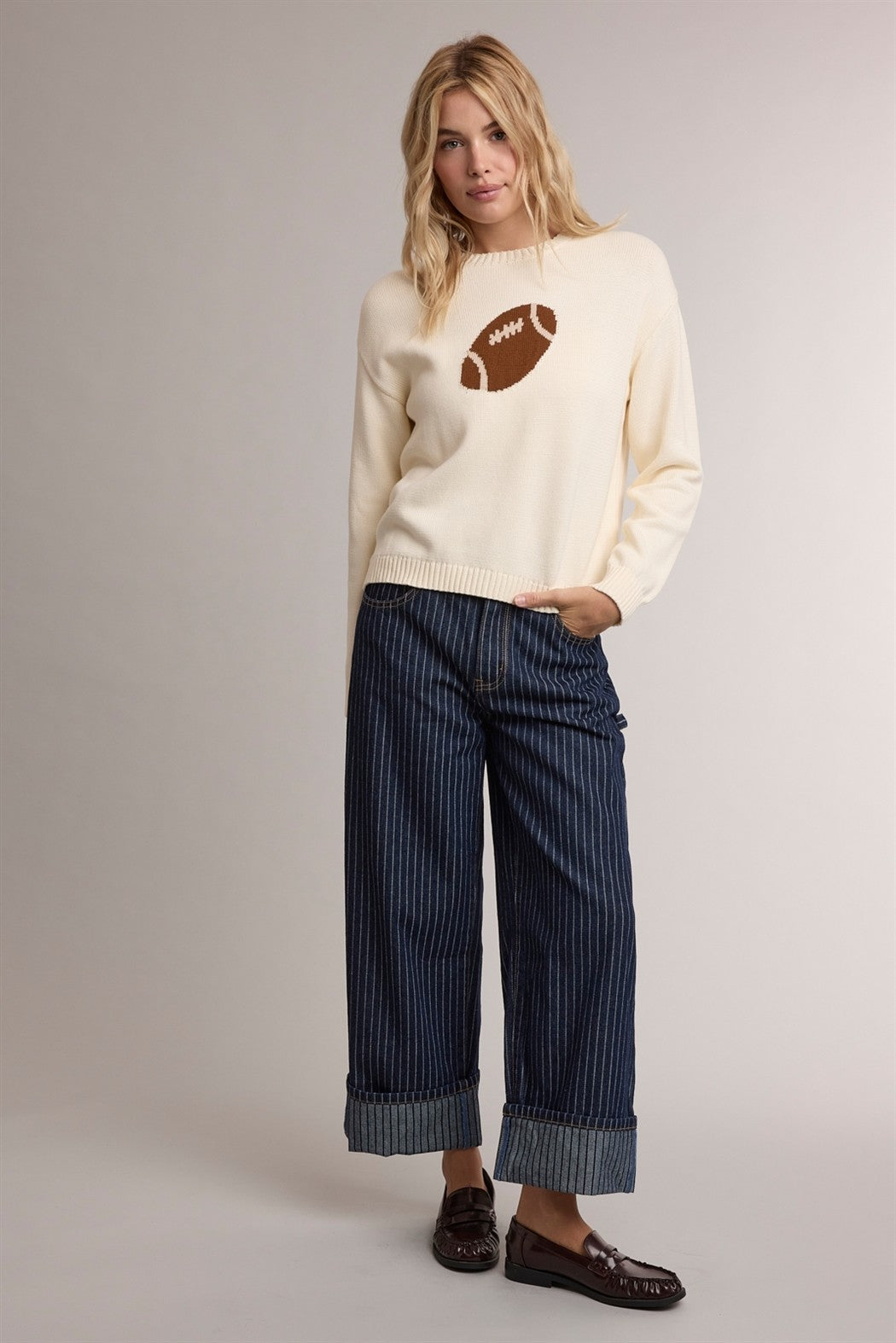 posie pinstripe wide leg cuff denim
