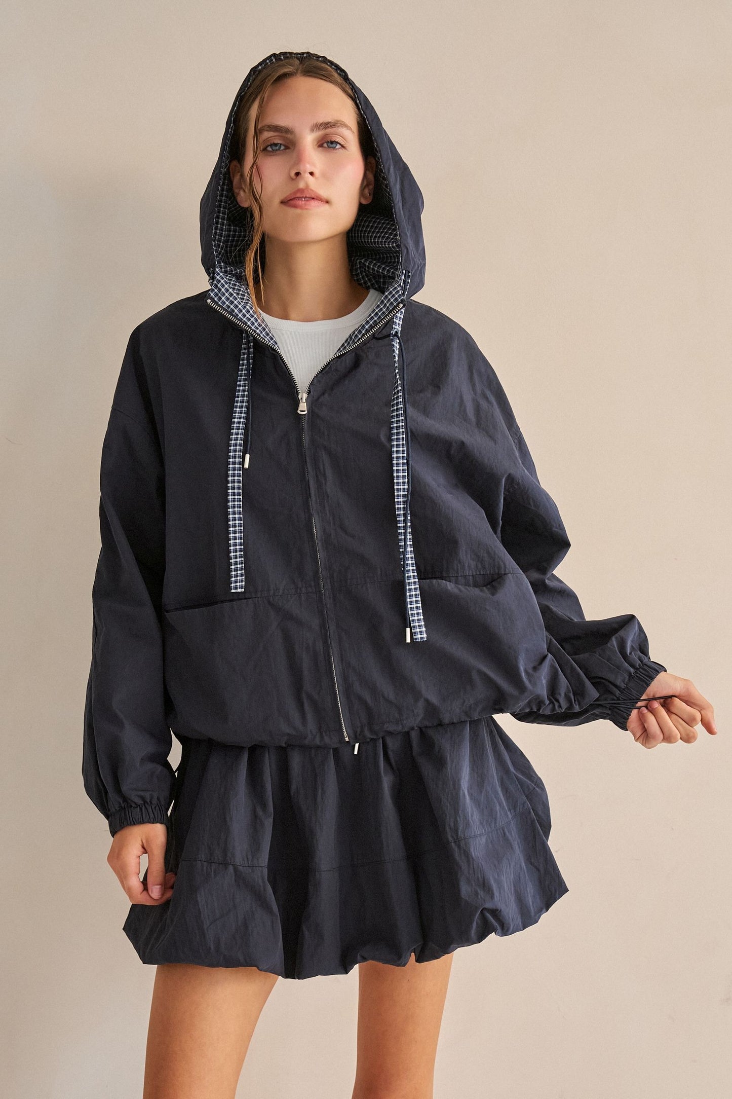 drawstring gingham hooded jacket