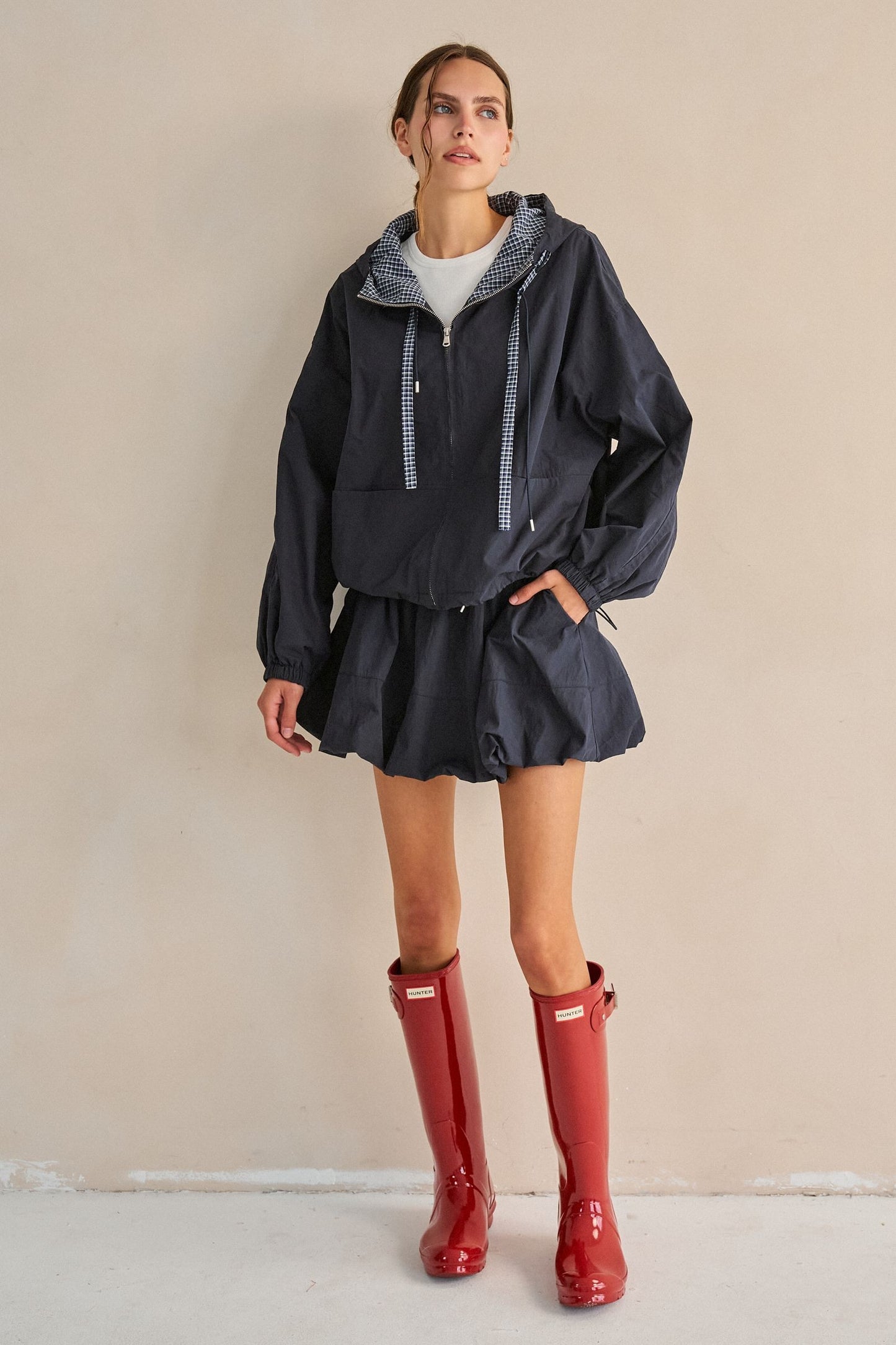 drawstring gingham hooded jacket