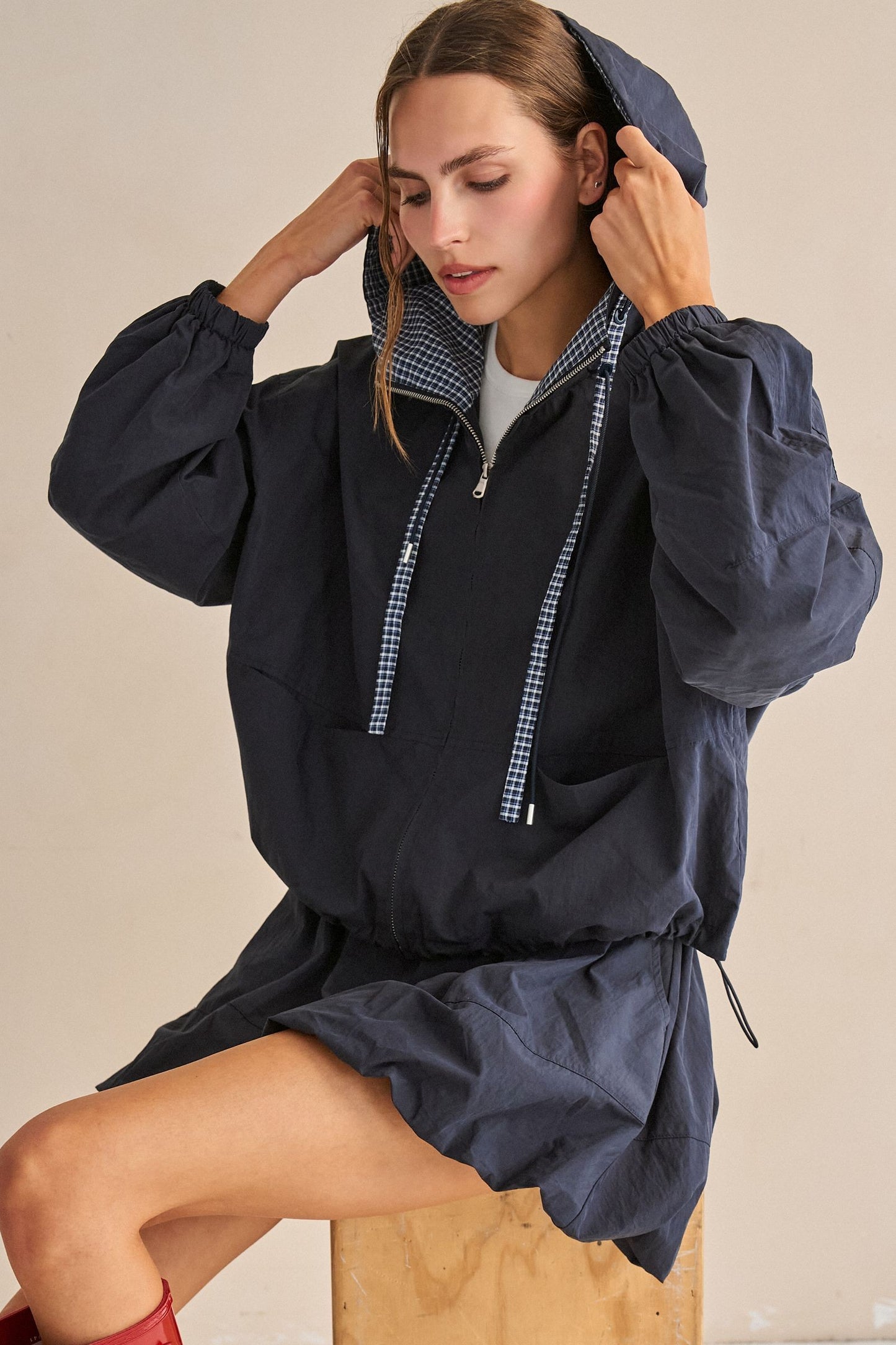 drawstring gingham hooded jacket