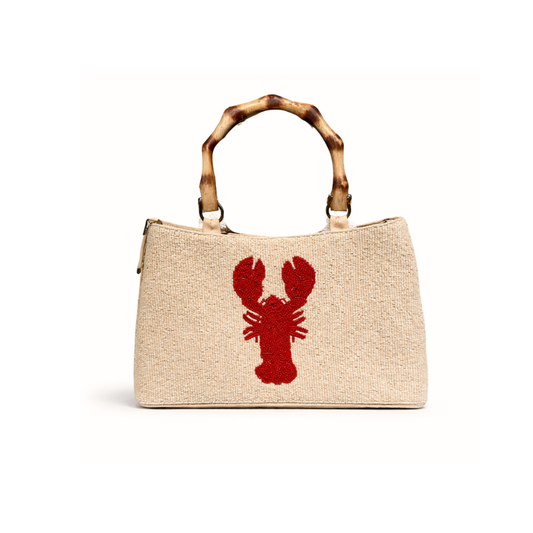 Beaded Lobster Handbag – Cream Bamboo Handle