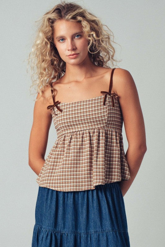 Gingham Peplum Top With Velvet Straps