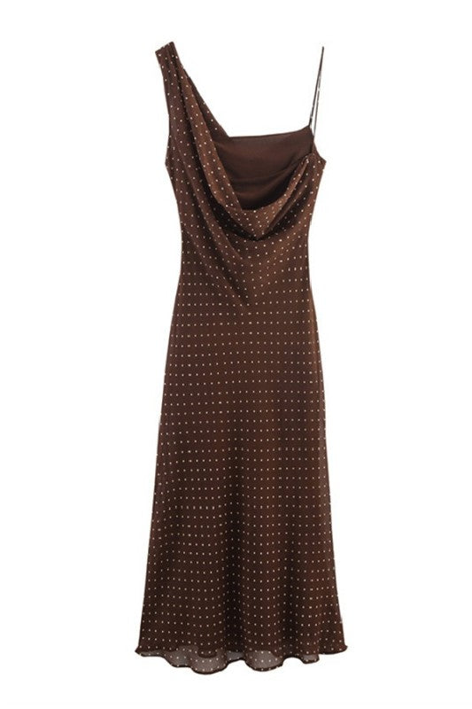 Polka Dot One Shoulder Strap Maxi Dress