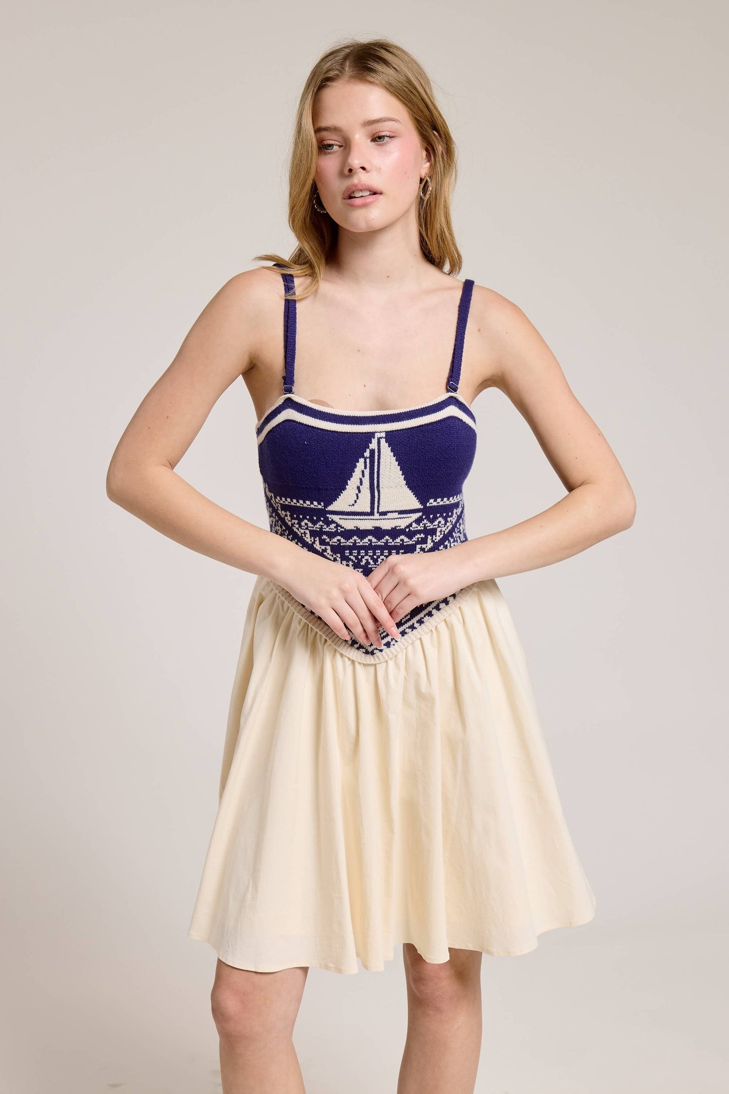 Sailboat Knit Bodice Contrast Midi Dress