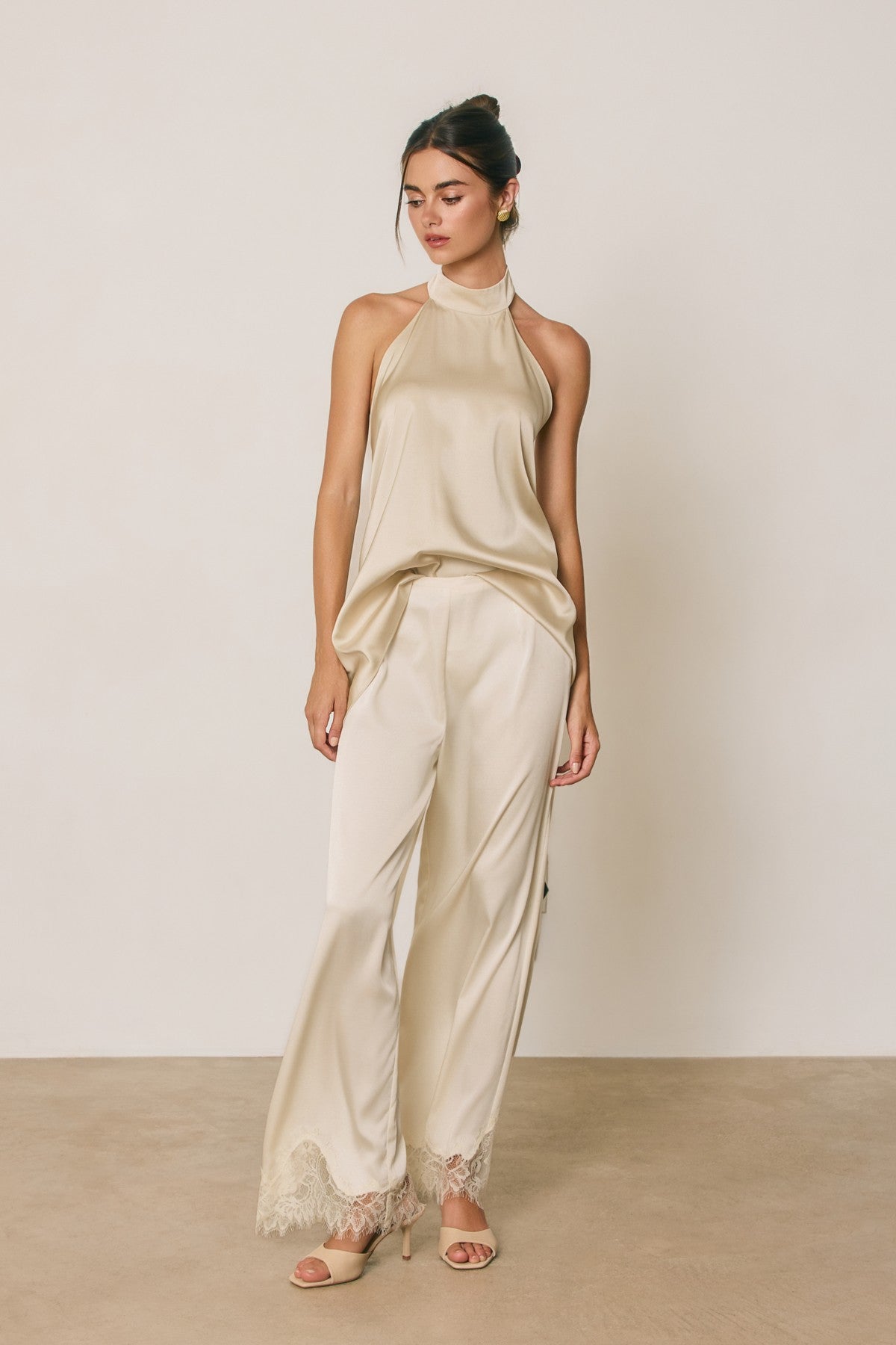 satin lace hem straight leg pants