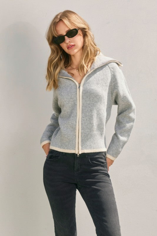 Sailor Collar Contrast Zip Up Cardigan