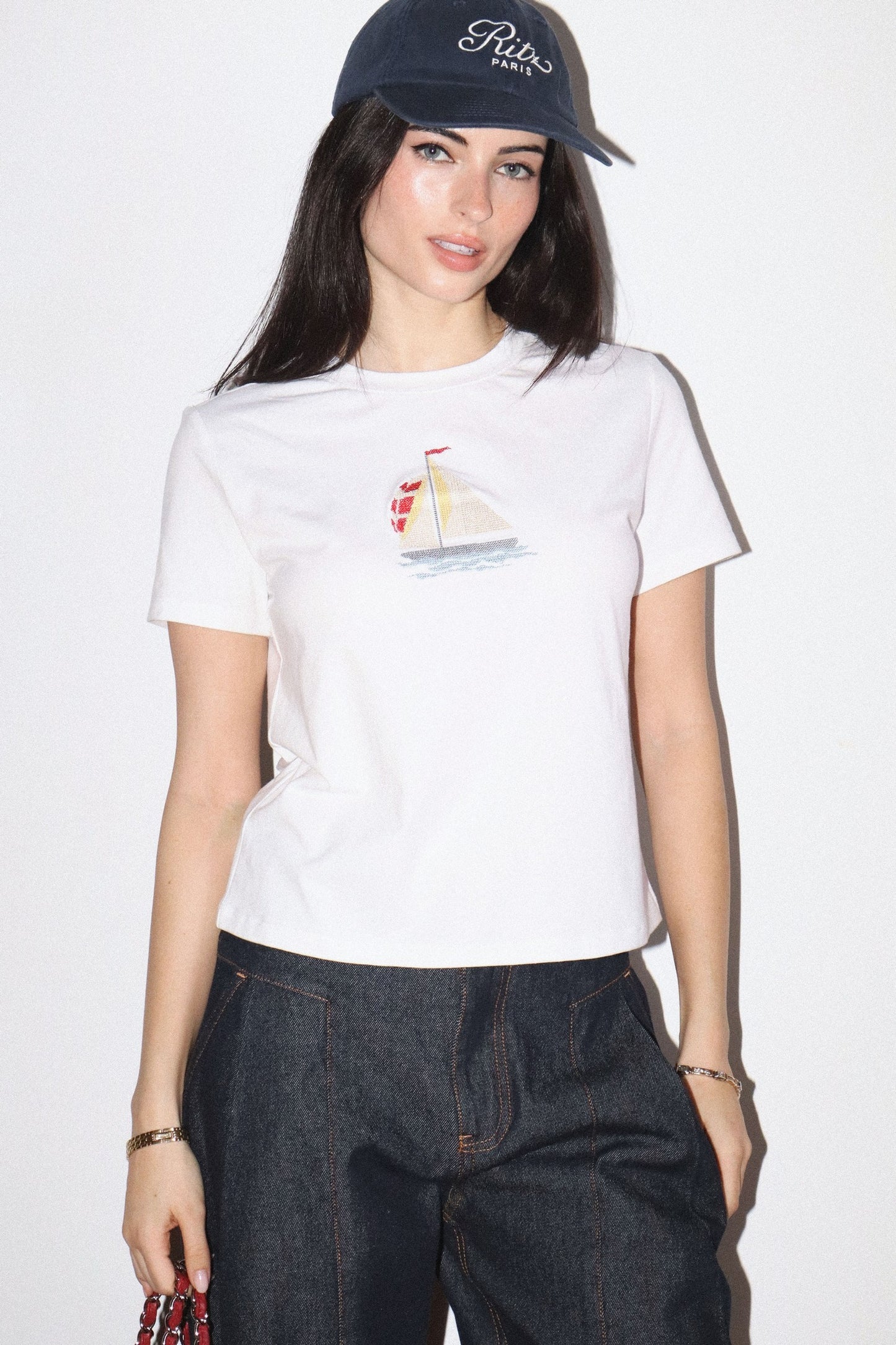embroidered sailboat graphic tee