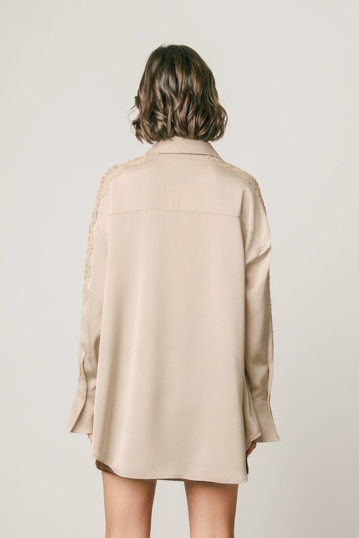 loreli lace sleeve satin oversized shirt