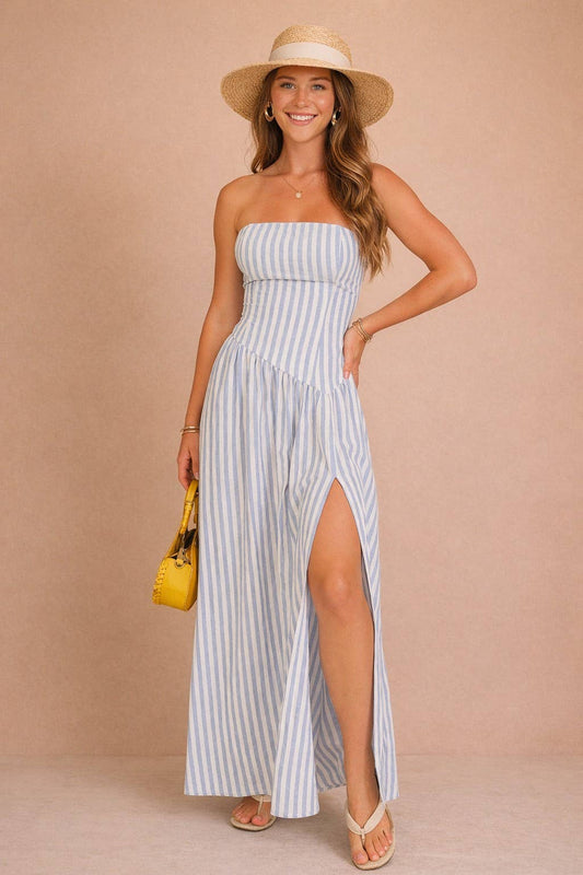 Seaside Striped Strapless Side Slit Maxi Dress
