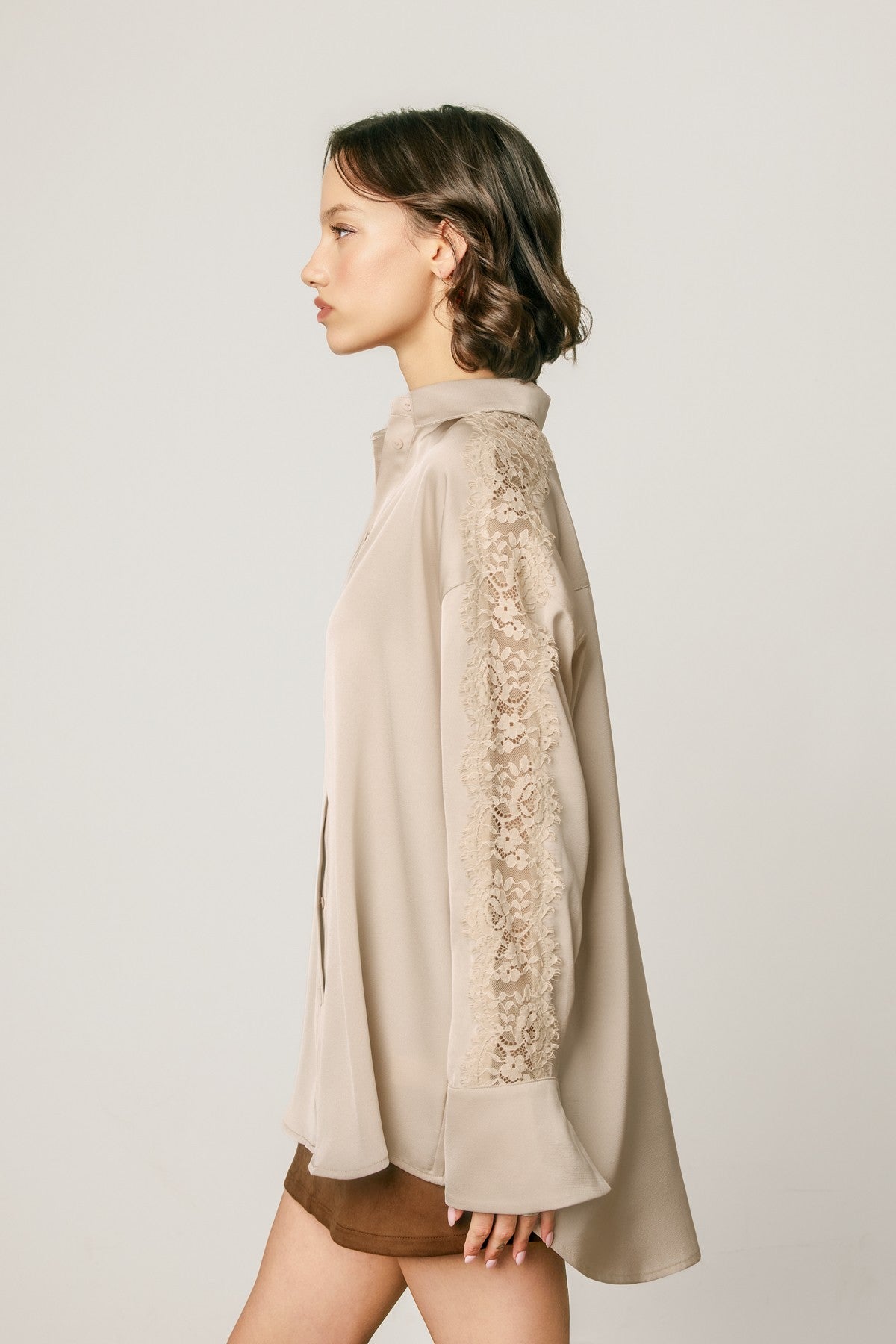 loreli lace sleeve satin oversized shirt
