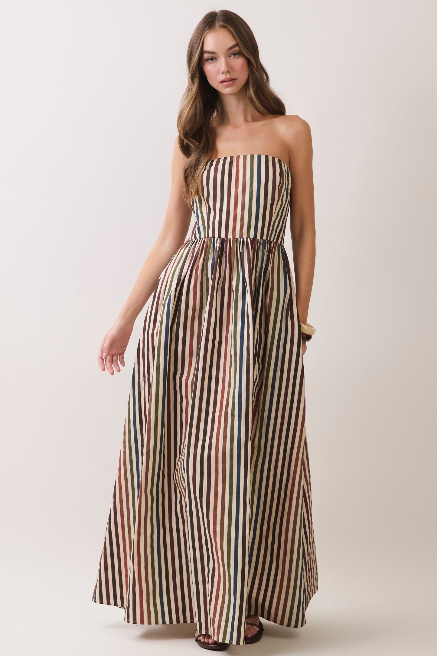 fall in line strapless maxi dress
