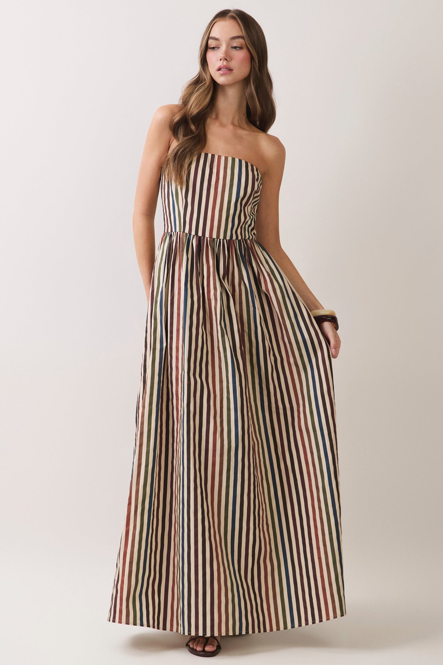 fall in line strapless maxi dress