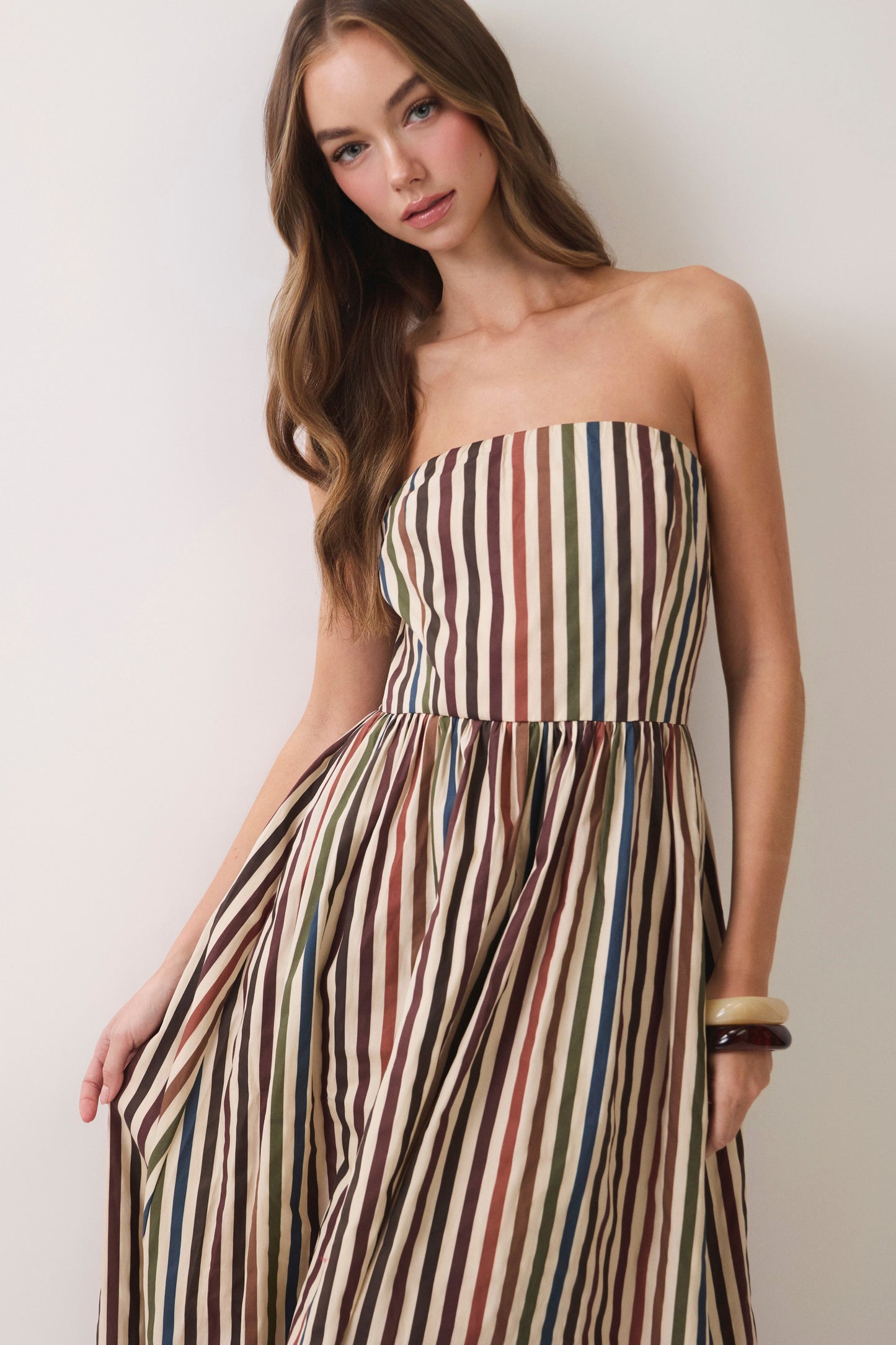 fall in line strapless maxi dress