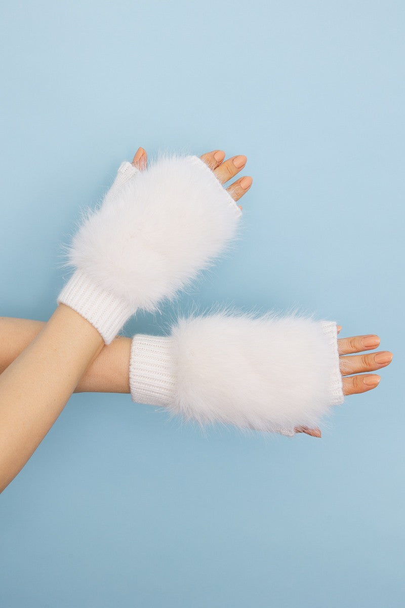 faux fur trim fingerless knit mittens