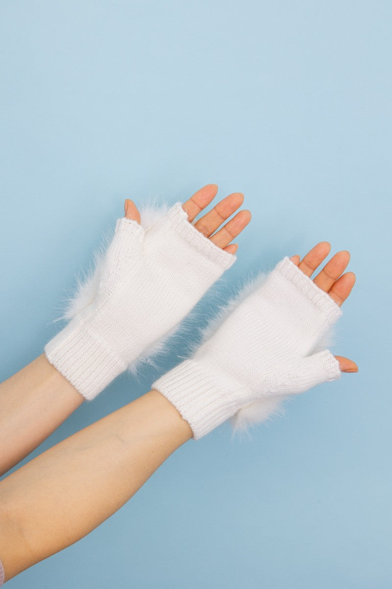 faux fur trim fingerless knit mittens