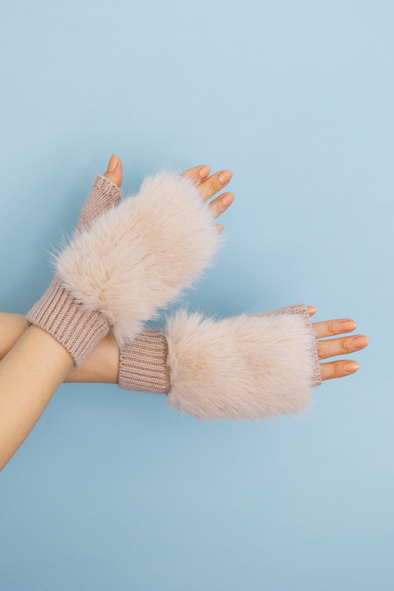 faux fur trim fingerless knit mittens